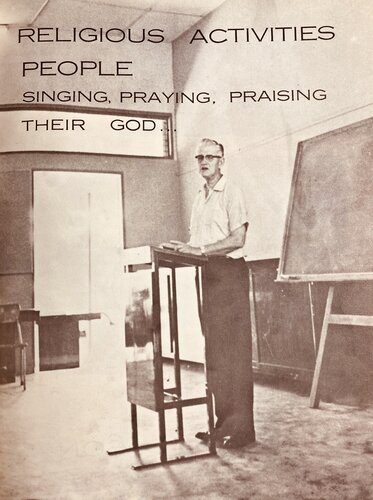 A Yearbook picture of Elder Minchin holding a week of prayer at Far Eastern Academy in Singapore.